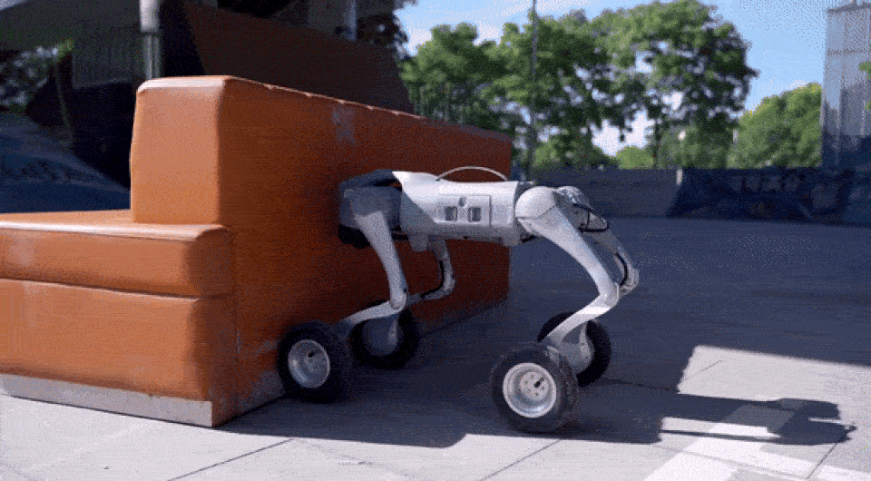 Робособаку Unitree Go2 поставили на колеса. Робот может взбираться на высокие уступы, ездить по лестницам и балансировать на передних колесах